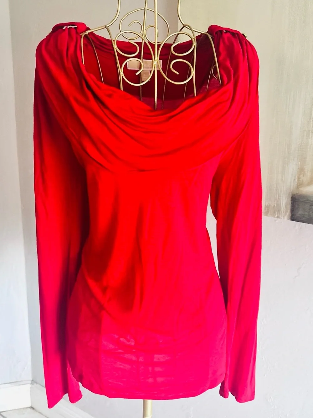 Michael Michael Kors Red Cowl Neck Gold Button Long Sleeve Top Size Large